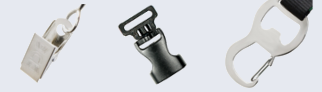 A sample of Brady People ID end fittings for custom lanyards