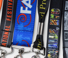 A close-up of Brady People ID custom dye-sublimated lanyards