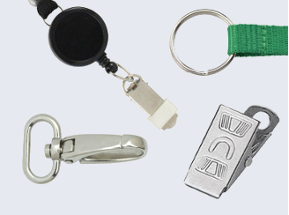 A sample of Brady People ID end fittings for custom lanyards
