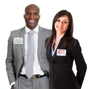 visitors at a hospital wearing guest badges